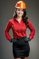 ai généré portrait de une magnifique femme dans rouge longue manche chemise et difficile chapeau photo