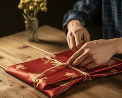 ai généré Masculin Jeune mains emballage cadeau dans rouge tissu sur en bois table pour aux femmes journée photo