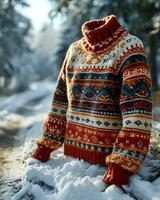 ai généré un laid chandail pour Noël séance sur une neigeux route dans le milieu de une hiver forêt photo