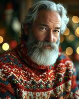 ai généré Sénior homme avec gris barbe et gris cheveux fermer dans laid Noël chandail fabriqué avec le sien posséder mains photo