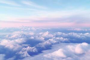 ai généré aérien le coucher du soleil vue plus de le bleu crête montagnes de le cockpit de une privé avion. ciel avec des nuages. ciel Contexte photo