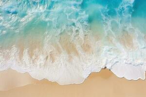 ai généré Haut vue aérien image de drone de un étourdissant magnifique mer paysage plage avec turquoise l'eau avec copie espace photo