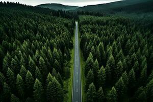 ai généré aérien vue de une route dans le milieu de le forêt photo