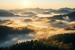 ai généré incroyable aérien vue de magnifique faible des nuages rampant sur le couvert d'arbres Montagne pistes photo