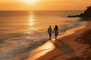 ai généré aérien vue de incroyable plage couple en marchant dans le coucher du soleil lumière proche à turquoise mer. Haut vue de été plage paysage photo