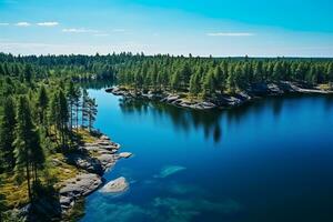 ai généré aérien vue de bleu Lac pierre rive et et vert les bois avec pin des arbres dans été photo