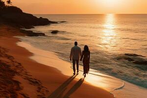 ai généré aérien vue de incroyable plage couple en marchant dans le coucher du soleil lumière proche à turquoise mer. Haut vue de été plage paysage photo