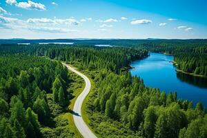 ai généré aérien vue de une route dans le milieu de le forêt photo