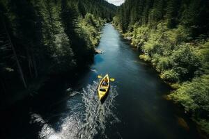 ai généré aérien vue de Montagne rivière gens rafting dans ruisseau. extrême vitalité photo