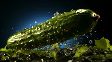 ai généré fermer de une salé vert concombre en volant et éclabousser avec l'eau photo
