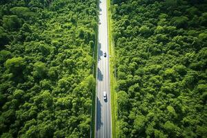 ai généré aérien vue de une route dans le milieu de le forêt photo