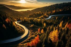 ai généré aérien vue de Montagne route dans forêt à le coucher du soleil dans l'automne. Haut vue de drone de route dans les bois. magnifique paysage avec chaussée dans collines, pin des arbres, vert prés photo