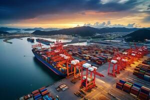 ai généré aérien Haut vue de récipient navire chargement et déchargement, cargaison récipient dans Profond port de mer pour le international commande concept. photo