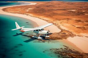 ai généré une hydravion prise de sur bleu océan plage avec bleu l'eau photo