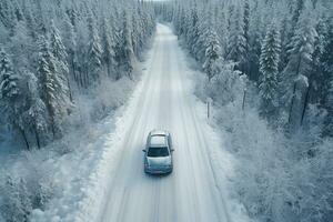 ai généré une voiture sur venteux route dans neige couvert forêt, Haut vers le bas aérien voir. photo