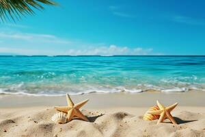 ai généré tropical plage avec mer étoile sur sable, été vacances Contexte. Voyage et plage vacances, gratuit espace pour texte.génératif ai. photo