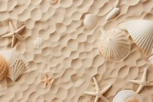 ai généré Haut vue de une sablonneux plage texture avec empreintes de exotique coquillages et étoile de mer comme Naturel texturé Contexte. génératif ai. photo
