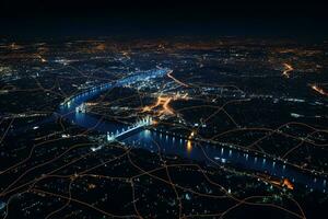 ai généré illuminé Port ville à nuit. aérien vue sur rivière foncé ciel. vif nuit vie. photo