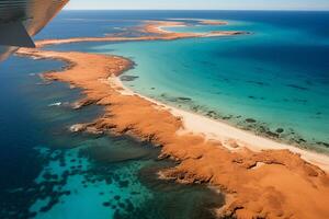 ai généré une hydravion prise de sur bleu océan plage avec bleu l'eau photo