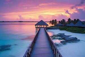 ai généré incroyable le coucher du soleil paysage. luxe recours villas paysage marin avec doux LED lumières en dessous de coloré ciel. rêver le coucher du soleil plus de tropical mer, fantastique la nature paysage photo