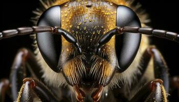 ai généré macro de une abeille tête sur une noir Contexte photo