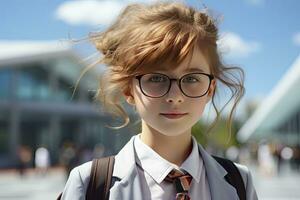 ai généré école fille portant lunettes avec sac à dos photo