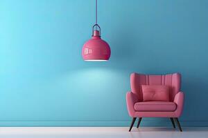 ai généré brillant rose fauteuil et lumière lampe contre une bleu mur photo