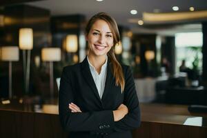 ai généré portrait de magnifique femme d'affaires dans moderne Bureau génératif ai photo