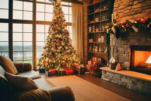 confortable vivant pièce avec magnifique Noël arbre et rouge cadeaux dans moderne intérieur. intérieur de vivant pièce décoré pour joyeux Noël avec chaussettes, cadeau des boites et Noël accessoires par ai généré photo