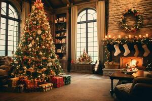 confortable vivant pièce avec magnifique Noël arbre et rouge cadeaux dans moderne intérieur. intérieur de vivant pièce décoré pour joyeux Noël avec chaussettes, cadeau des boites et Noël accessoires par ai généré photo