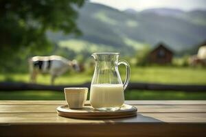 ai généré verre lanceur avec Frais Lait sur une en bois tableau. ai généré photo