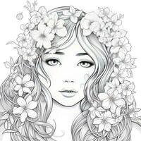 ai généré une fille sur une coloration livre page avec jasmin fleurs. ai généré photo