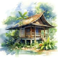 ai généré une aquarellé brillant serein image de une traditionnel Bahay Kubo. ai généré photo