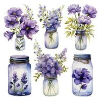 ai généré collection de aquarelle le maçon pots avec violet fleurs clipart. ai généré photo