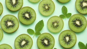 ai généré tranches de kiwi fruit et vert menthe feuilles sur une lumière pastel bleu Contexte. ai généré photo