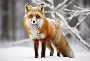 ai généré rouge Renard permanent sur neige. ai généré. photo