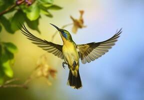 ai généré olive soutenu souimanga, Jaune ventre sunbird en volant dans le brillant ciel. génératif ai photo