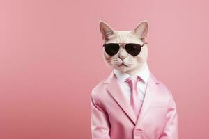 ai généré une chat est portant des lunettes de soleil et costume sur rose Contexte. ai généré photo