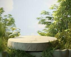 ai généré pierre produit afficher podium pour cosmétique produit avec vert la nature jardin Contexte. génératif ai photo