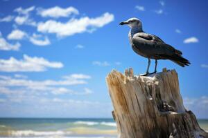 ai généré mouette sur le plage en dessous de bleu ciel. photo