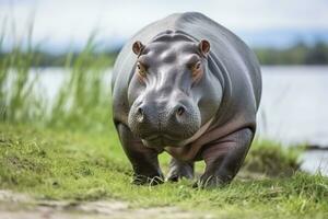 ai généré hippopotame en marchant dans une vert champ. ai généré photo