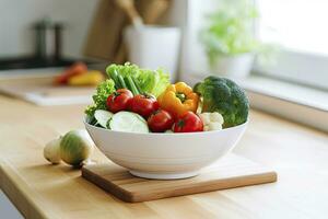 ai généré cuisine encore la vie avec blanc bol de lavé des légumes sur en bois bureau. ai généré photo