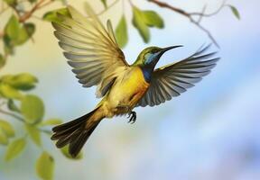 ai généré olive soutenu souimanga, Jaune ventre sunbird en volant dans le brillant ciel. génératif ai photo