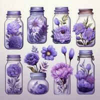 ai généré collection de aquarelle le maçon pots avec violet fleurs clipart. ai généré photo