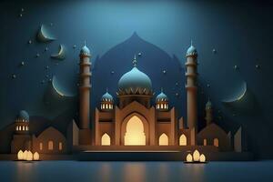 ai généré illustration de eid mubarak nuit avec lumière de une lampe, papier style, luxe content eid arrière-plan, ai génératif photo