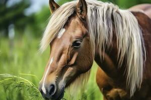 ai généré marron cheval avec blond cheveux mange herbe sur une vert Prairie détail de le diriger. ai généré photo