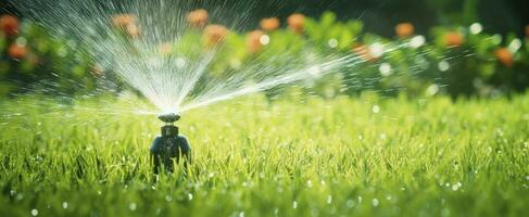 ai généré automatique jardin pelouse arroseur dans action arrosage herbe. ai généré photo