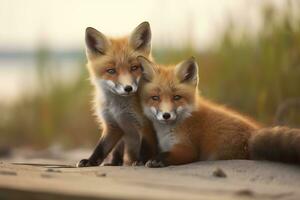 ai généré sauvage bébé rouge renards câlins à le plage. génératif ai photo