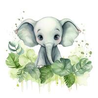 ai généré content mignonne bébé l'éléphant dans vert feuilles dans le aquarelle style. ai généré photo