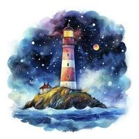 ai généré phare à côté de le mer à nuit. aquarelle pour T-shirt conception. ai généré photo